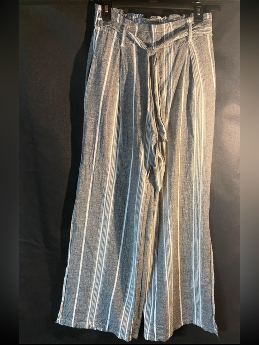 Striped Gray Wide-Leg Pants with Tie Waist